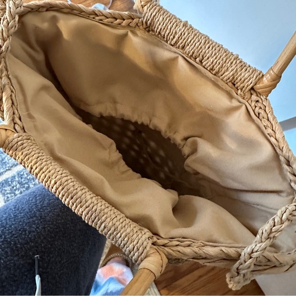 New Jewel & Clara Camel bamboo handle long straps woven straw bag lined - Picture 7 of 10